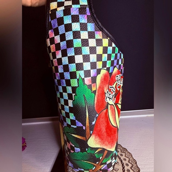 Ed Hardy Rose Skull Shoulder Bag Holographic Checkerboard Y2K - Picture 3 of 9